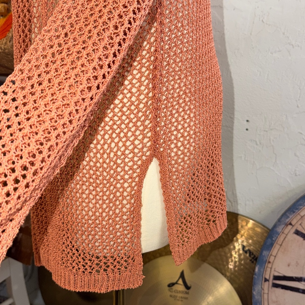 ELAN Crochet Bronze Copper Open Front‎ Hooded Duster Cardigan Jacket Cover-up L - Picture 6 of 10
